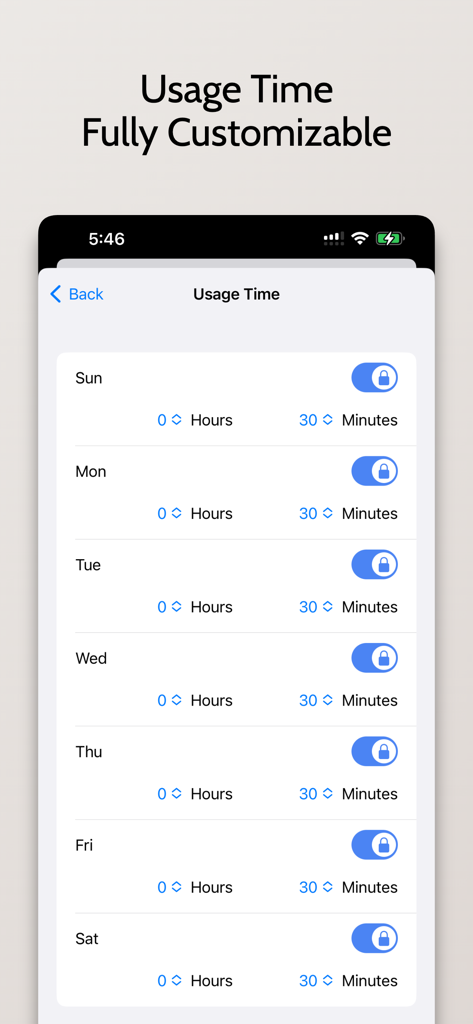 Customizable daily screen time limits interface in XLocker app