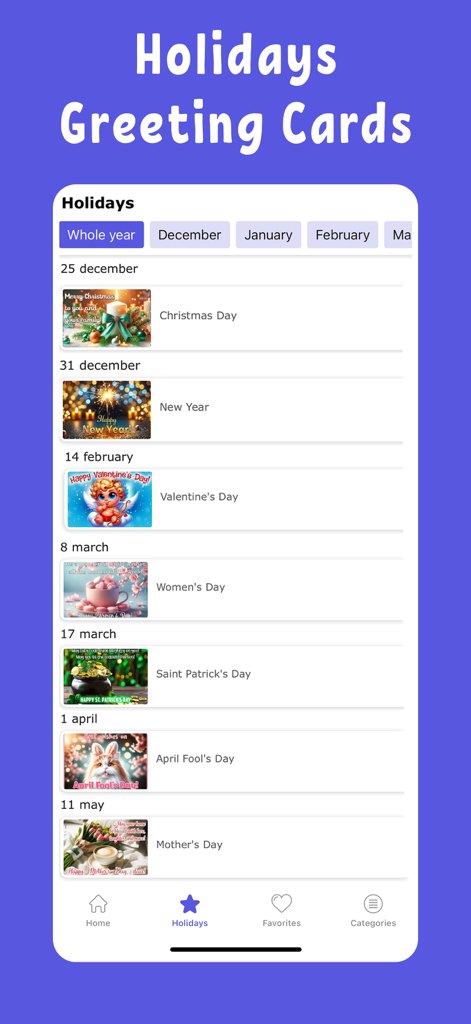 Love message & Birthday wishes - Mobile app interface showing a list of holiday greeting cards for various occasions including Christmas and Valentine's Day
