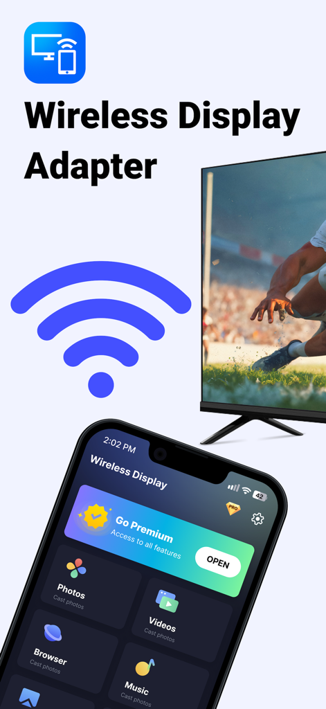 Wireless Display Adapter - Application Wireless Display Adapter sur iPhone montrant des options pour diffuser des photos et des vidéos sur une Smart TV sans fil