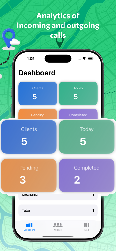 Caller Location Client app dashboard showing incoming and outgoing call analytics including client counts and call status