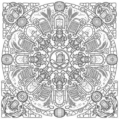 Unleash your creativity with this magnificent Dwarf Brewers Mandala coloring page, a symmetrical design filled with the charm of ancient brewing traditions. Discover intricate details of stout dwarves, bubbling vats, and overflowing barrels, all waiting for your artistic touch.