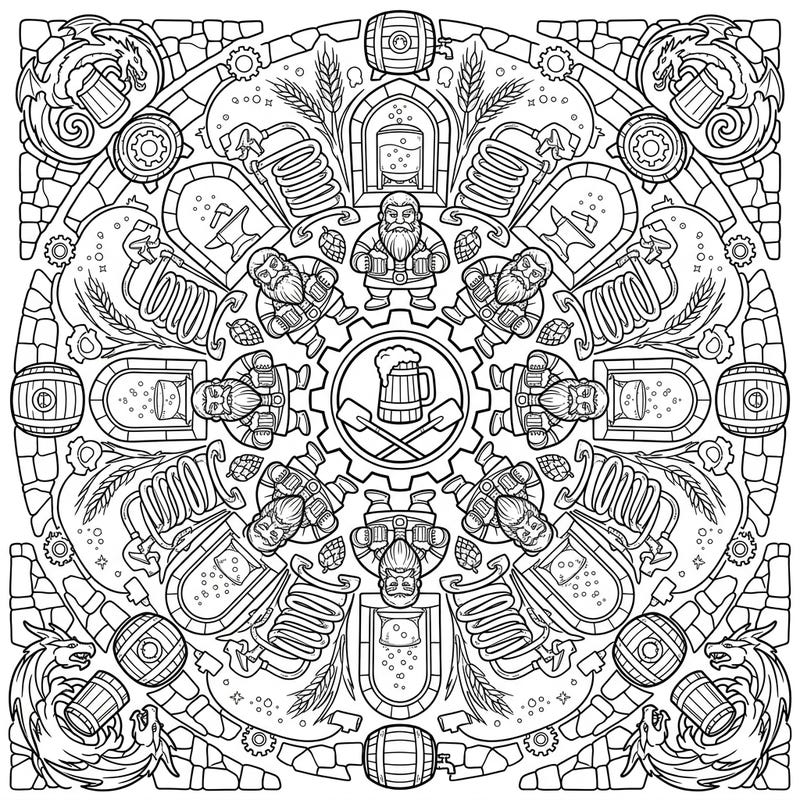 Unleash your creativity with this magnificent Dwarf Brewers Mandala coloring page, a symmetrical design filled with the charm of ancient brewing traditions. Discover intricate details of stout dwarves, bubbling vats, and overflowing barrels, all waiting for your artistic touch.