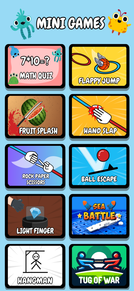A menu screen showing various mini games like Math Quiz, Fruit Splash, and Tug of War for two players.