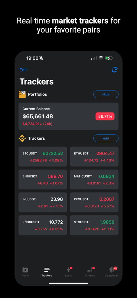A mobile screen showing a cryptocurrency portfolio balance and real-time market trackers for various crypto pairs in the Zyncas app