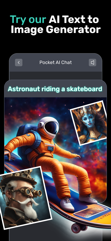 PocketAI app interface showing the text to image generator feature with an astronaut riding a skateboard