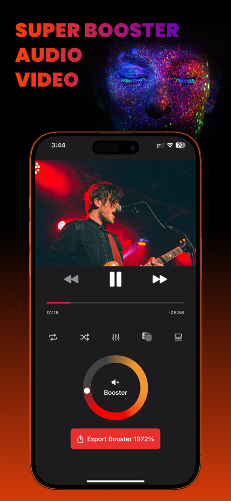 Volume Booster App-Oberfläche, die ein Musikvideo und einen kreisförmigen Lautstärkeregler anzeigt