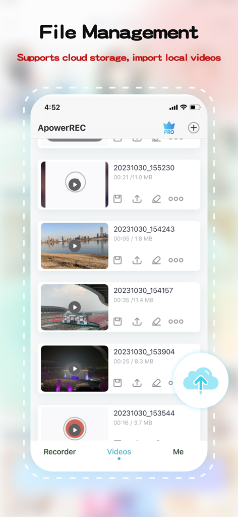 ApowerREC mobile app screen showing a list of recorded videos and file management options