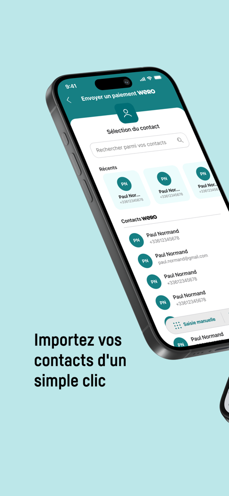 Schermata dello smartphone che mostra la selezione dei contatti per un pagamento mobile nell'app CIC Pay