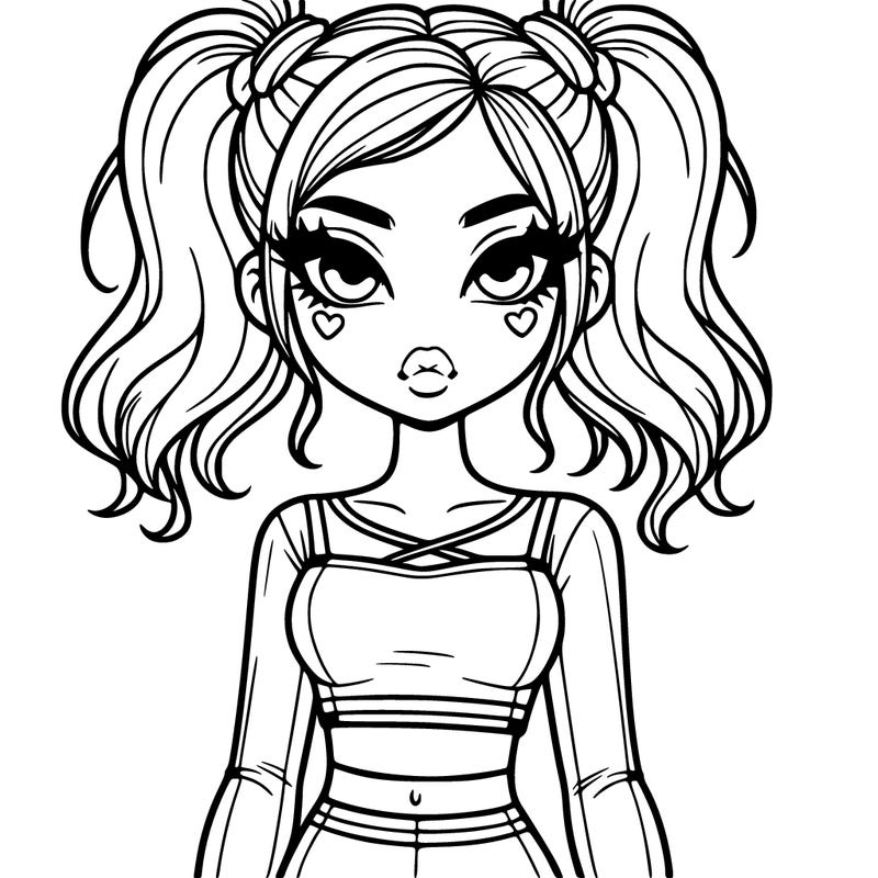 girl in a crop top and leggings. 2 high ponytail in her hair. cat eye with eyeliner makeup