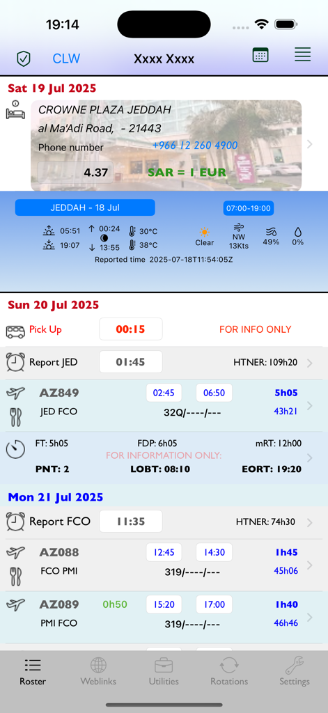 EasyRoster app screen showing flight schedules hotel accommodation details and destination weather
