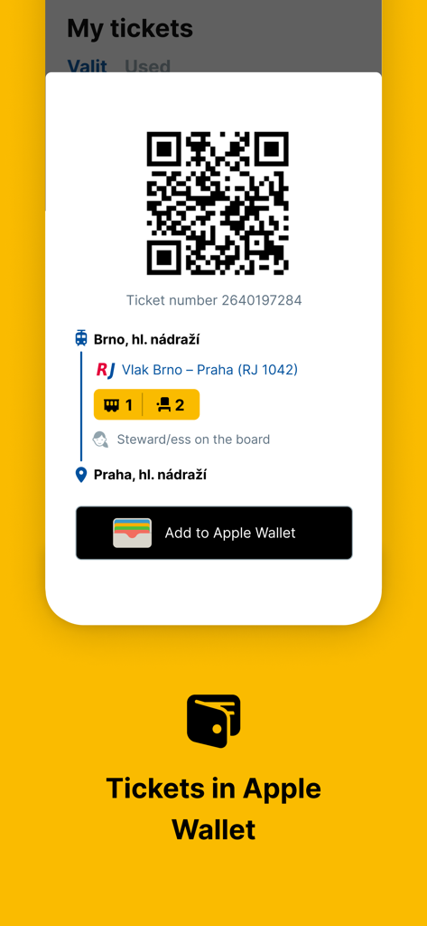 RegioJet - Billete de tren digital en la aplicación RegioJet con código QR y botón Añadir a Apple Wallet