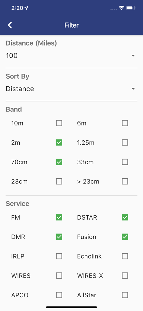 RepeaterBook - RepeaterBook app filter screen showing distance band and radio service options