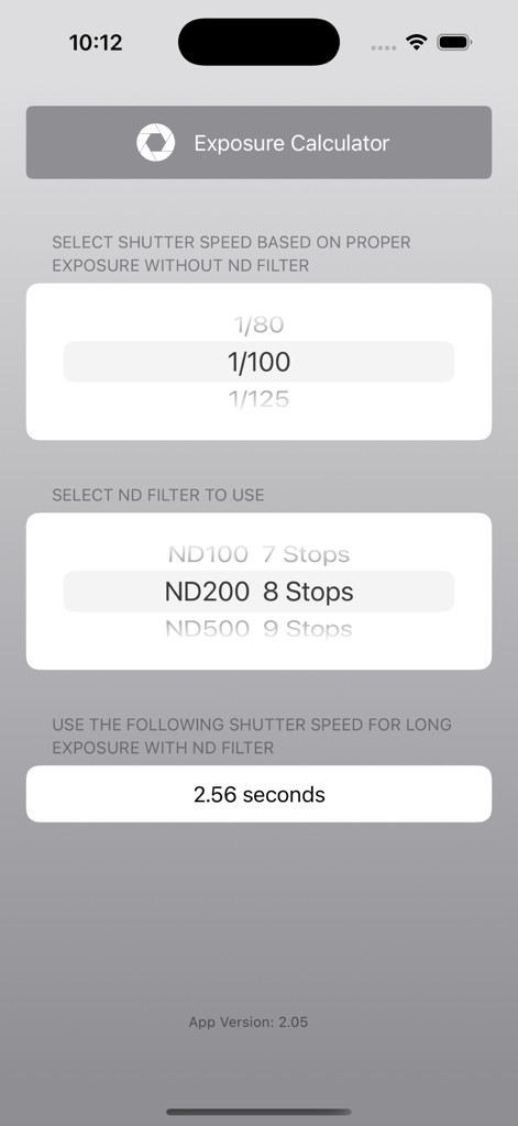 Exposure Calculator - Exposure Calculator app interface for calculating long exposure shutter speed with ND filters.