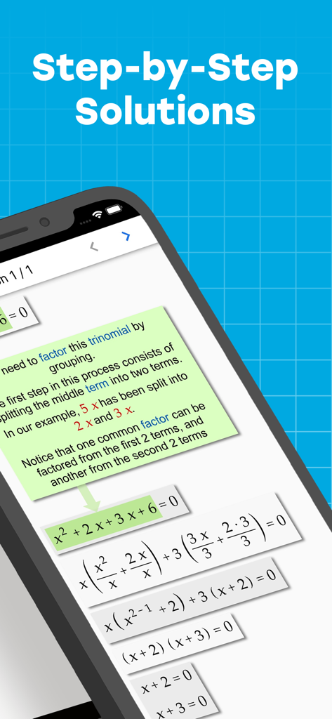Smartphone screen showing step by step algebra solutions and explanations in the Algebrator app
