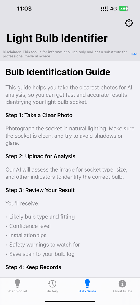 Light Bulb & Lamp Identifier - Bulb Identification Guide screen showing steps to photograph and analyze light bulb sockets with AI.