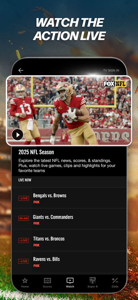 Interface de l'application FOX Sports montrant le streaming de matchs NFL en direct et une liste des matchs à venir.