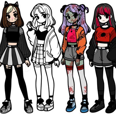 one girl with crop-top shirt and a jacket with a skirt, long socks and another girl with a shirt and pants with a jacket