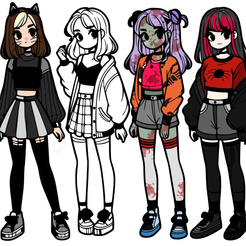 one girl with crop-top shirt and a jacket with a skirt, long socks and another girl with a shirt and pants with a jacket