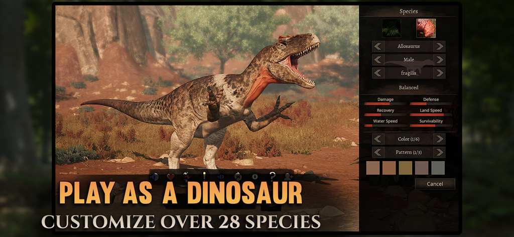 Path of Titans - Path of Titans game interface showing dinosaur customization options for an Allosaurus
