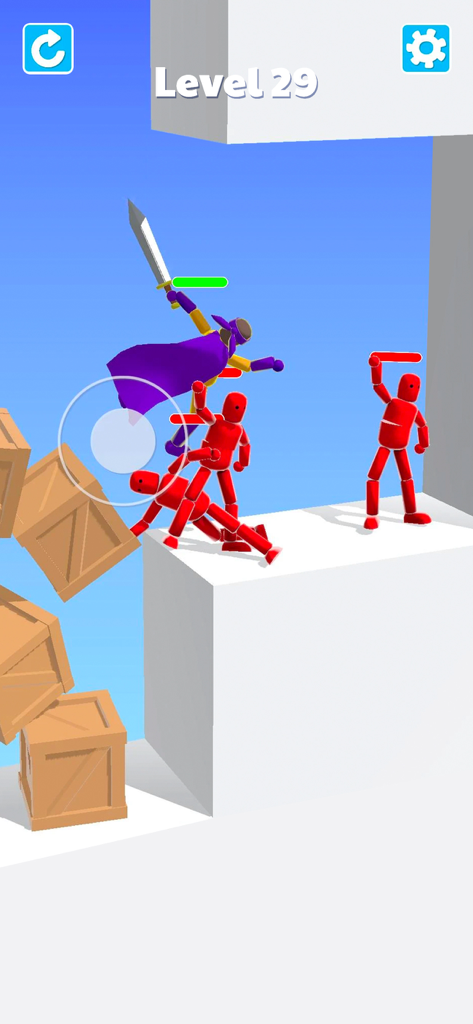 Ragdoll Ninja: Imposter Hero - Um ninja com capa roxa lutando contra inimigos stickman vermelhos em uma cena de batalha baseada em física.