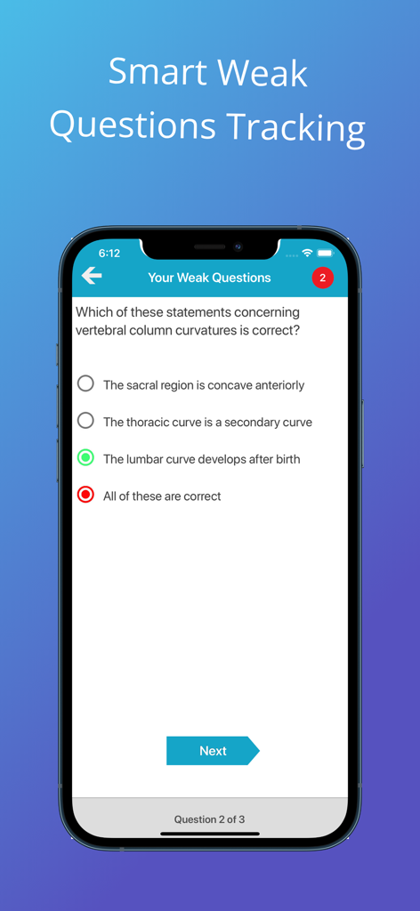 Skeletal System Quizzes - Smartphone screen showing the Smart Weak Questions Tracking feature in the Skeletal System Quizzes app