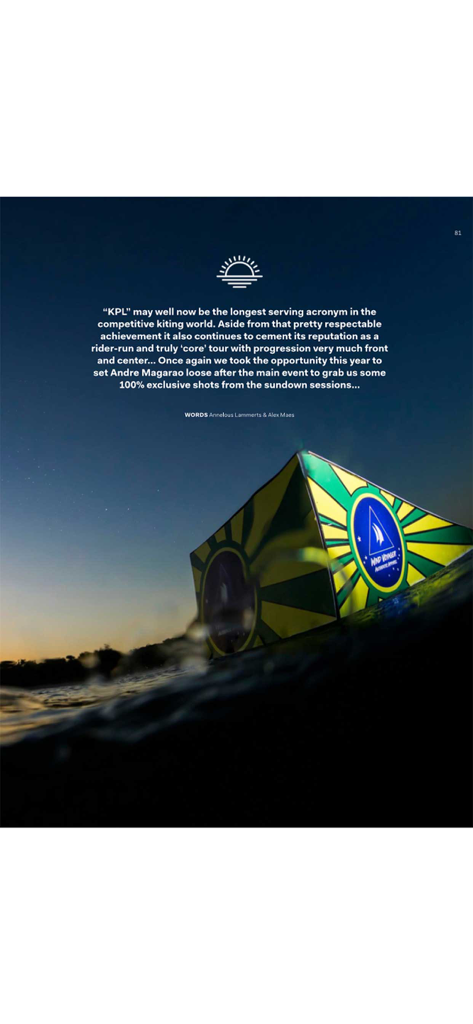Página de revista digital de The Kite Mag con una historia sobre las sesiones al atardecer de la Kite Park League