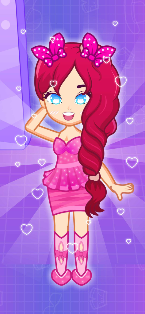 Anime girl character in a pink dress and bows with floating hearts