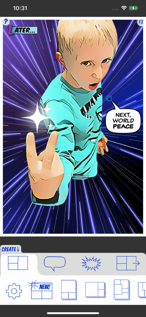A boy transformed into a comic character with speed lines and speech bubbles in the ComicBook app interface