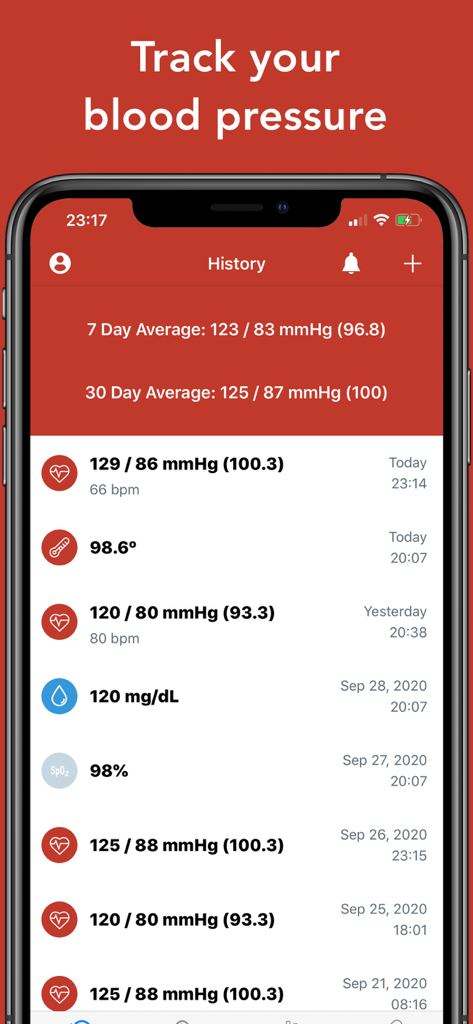 iPhone screenshot of the Blood Pressure Tracker app showing a list of historical health readings and averages