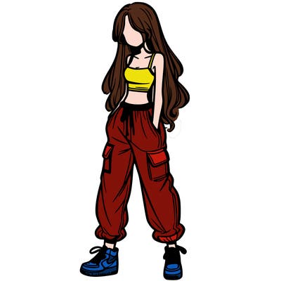 girl in baggy pants crop top and long hair