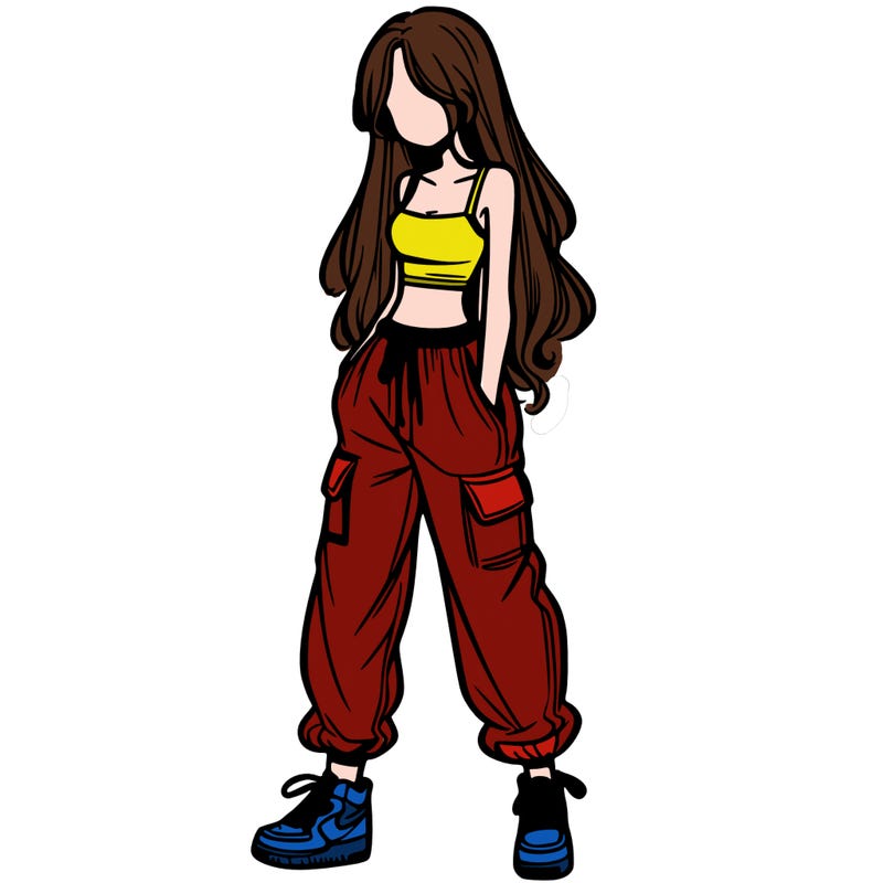 girl in baggy pants crop top and long hair