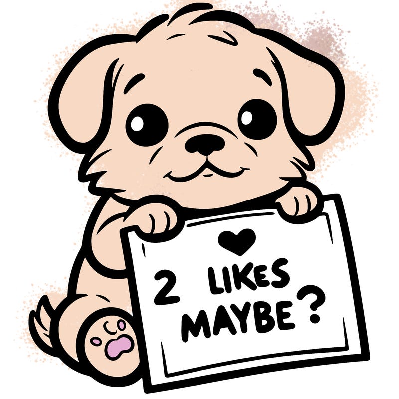 a puppy holding a sign that says 2 likes maybe?