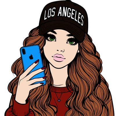 realistic beautiful girl wearing los ángeles cap holding an iphone