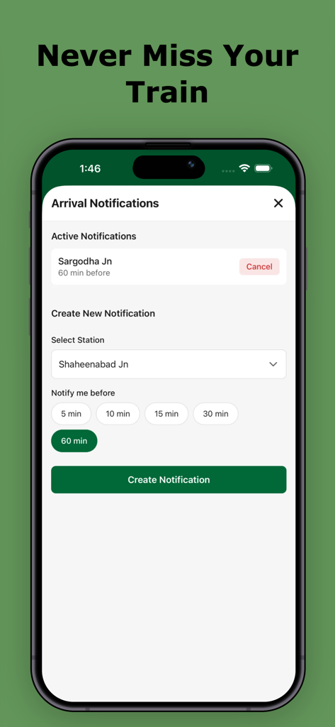 Track Train Live - Pakistan - Arrival notifications screen in the Track Train Live Pakistan app for setting train station alerts.
