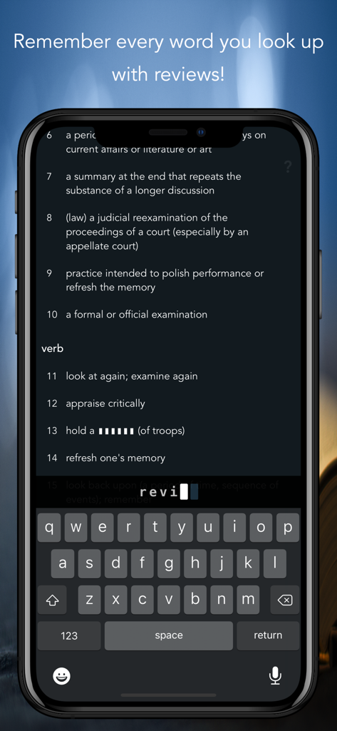 Word Vault: Vocabulary Builder - A smartphone screen showing the Word Vault app with a vocabulary review test and multiple word definitions.