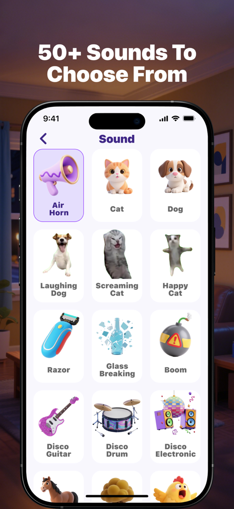 Interfaz que muestra más de 50 sonidos de alerta para elegir en la aplicación ClapFind, incluyendo ruidos de animales e instrumentos musicales