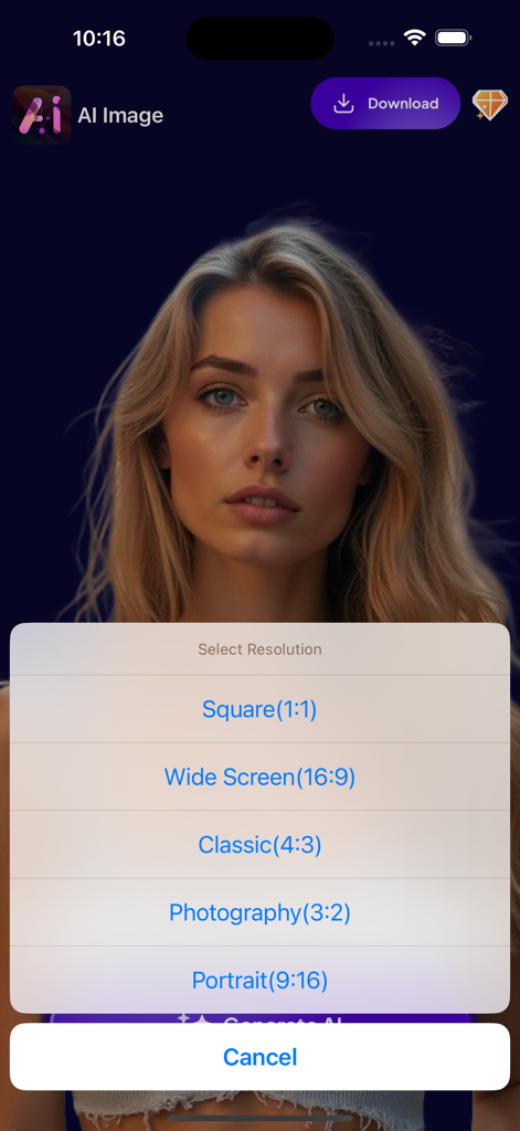 Interfaz de la aplicación ARTI AI mostrando opciones de selección de resolución de imagen para un retrato generado por IA