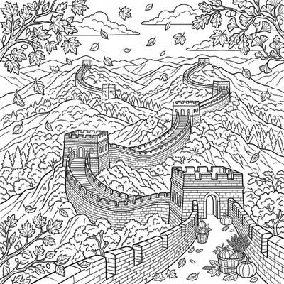 Embark on a historical coloring adventure with this stunning depiction of the Great Wall of China, nestled amidst a vibrant autumn landscape. Experience the serene beauty of falling leaves and harvest charm as you bring this iconic structure to life with your colors.