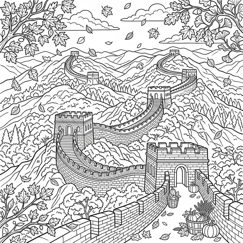 Embark on a historical coloring adventure with this stunning depiction of the Great Wall of China, nestled amidst a vibrant autumn landscape. Experience the serene beauty of falling leaves and harvest charm as you bring this iconic structure to life with your colors.