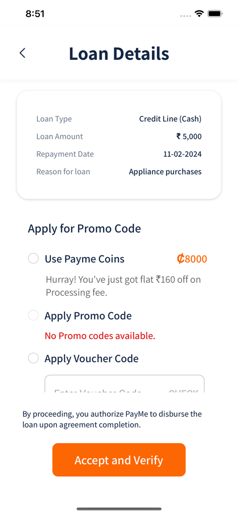 Screenshot of the PayMe app displaying loan details for a 5000 rupee appliance purchase loan including promo code and coin options