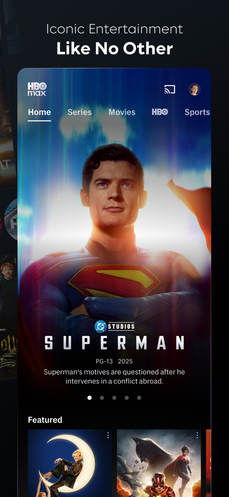HBO Max: Stream Movies & TV - Pantalla de inicio de la aplicación HBO Max con la película de Superman de DC Studios.