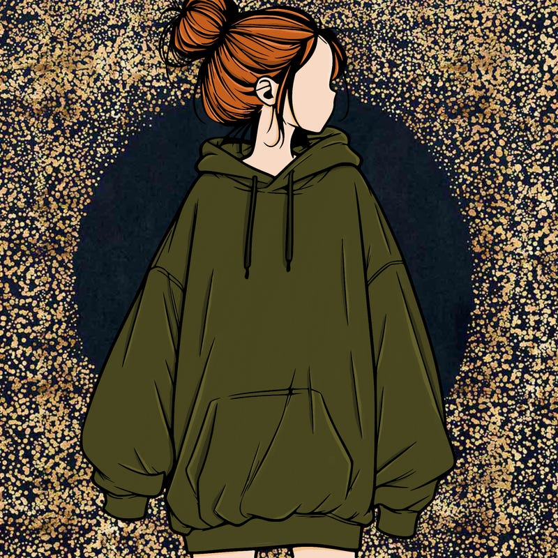realistic girl with a oversized sweatshirt on and a bun