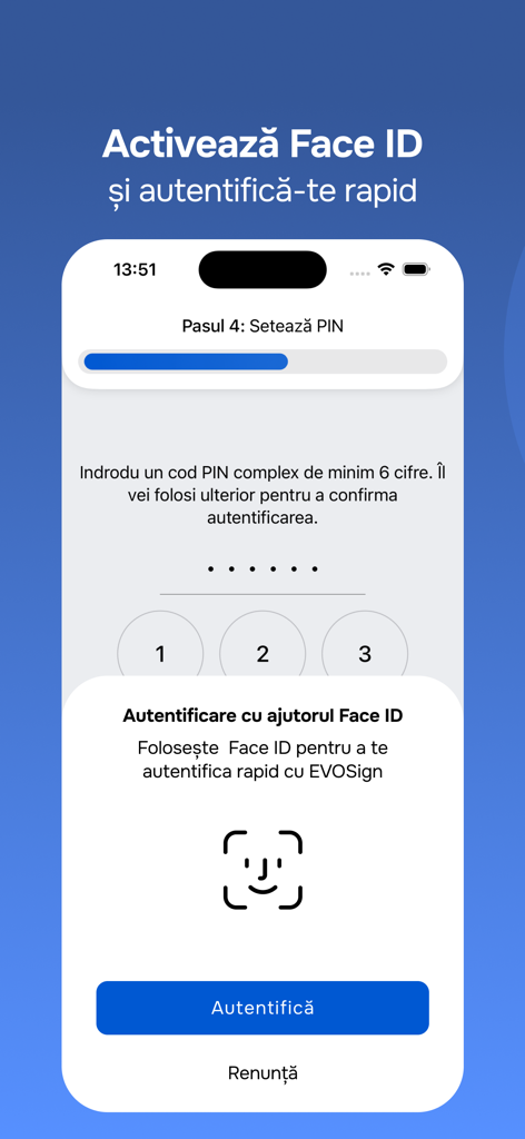 EVOSign (autentificare) - EVOSign-Mobile-App-Bildschirm, der die Aktivierung von Face ID und die Einrichtung einer 6-stelligen PIN zur sicheren Identitätsauthentifizierung zeigt