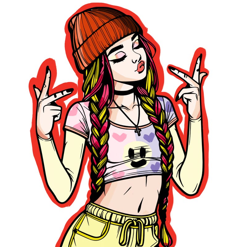 realistic teenage girl with braids and a beanie and crop top doing 🫶🏼