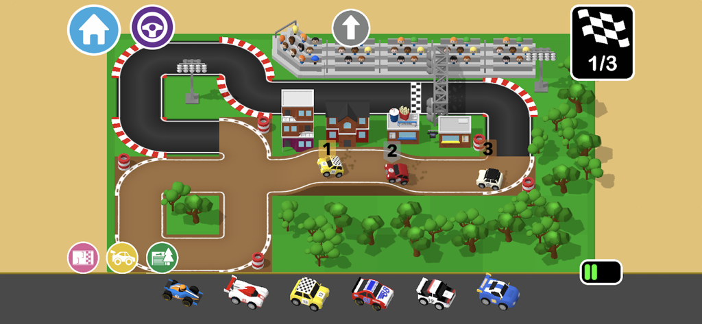 A colorful top-down view of a customized toy racetrack with racing cars and scenery