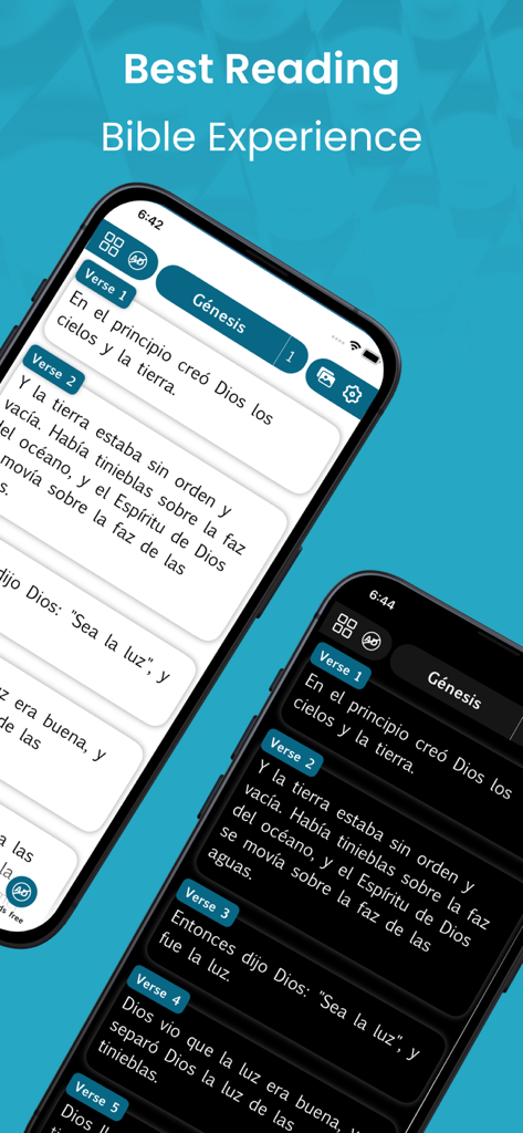 The Modern Bible in Spanish. - Interfaz de la app The Modern Bible in Spanish mostrando versículos del Génesis en modo claro y oscuro.