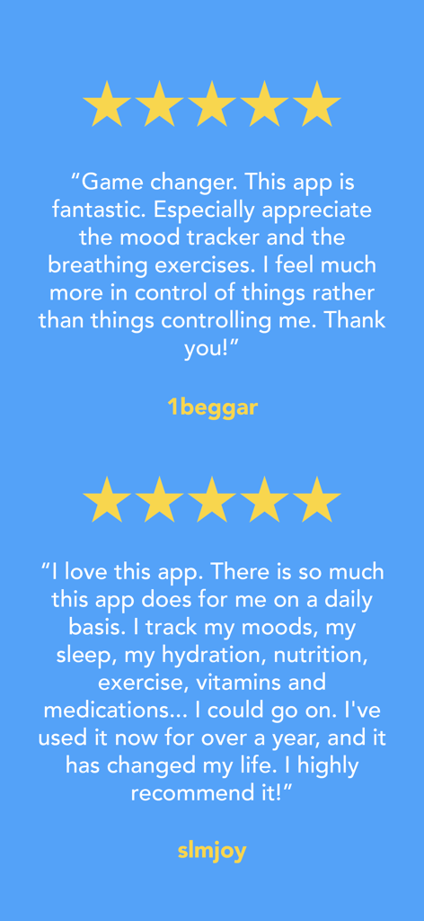 メンタルヘルスアプリMoodfitに対する肯定的な星5つのユーザーレビュー