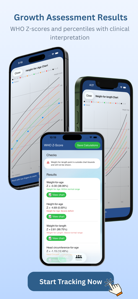 PediaMetrics: Pediatric Growth - Screenshots of the PediaMetrics app showing growth assessment results and WHO Z-score charts for height and weight