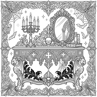 Explore the intricate beauty of this Gothic console table, adorned with mysterious elements and ornate details. This captivating coloring page invites you to unleash your creativity in a world of dark elegance.