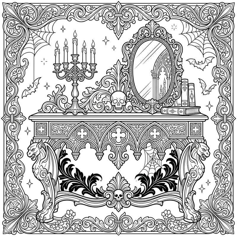 Explore the intricate beauty of this Gothic console table, adorned with mysterious elements and ornate details. This captivating coloring page invites you to unleash your creativity in a world of dark elegance.